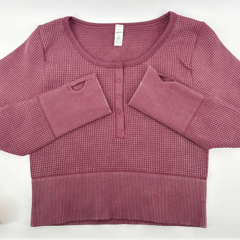 Aerie Main Squeeze Seamless‎ Waffle Crop Henley Large Long Sleeve Thumb Hole